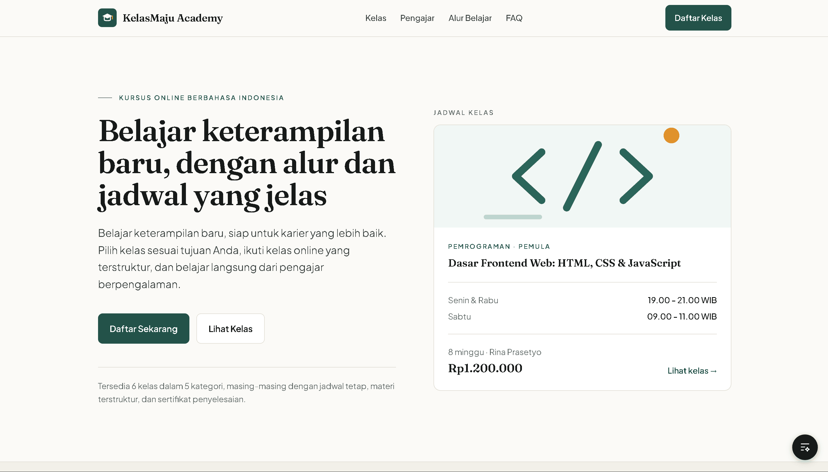 Pratinjau antarmuka platform kursus online KelasMaju Academy