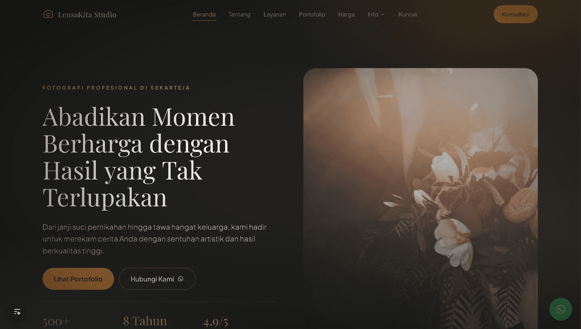 Pratinjau antarmuka portfolio fotografi elegan LensaKita Studio