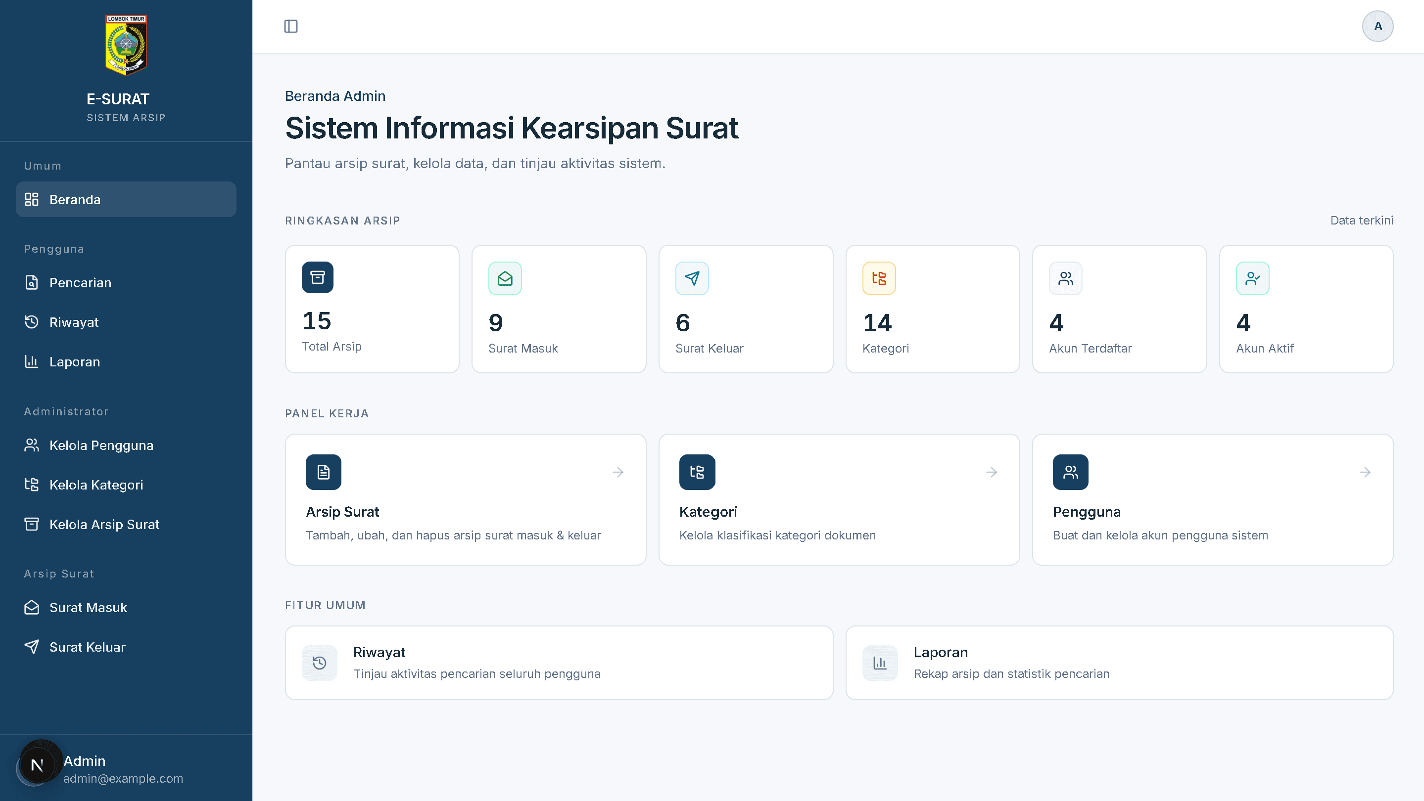 Pratinjau antarmuka dasbor sistem pencarian arsip e-Surat Search